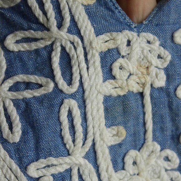 Vintage 1970s Caftan Dress, Blue Maxi Dress with White Embroidery, Traditional - Picture 4 of 10